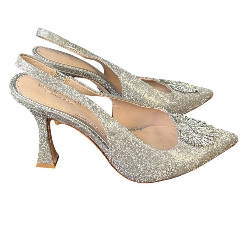 Born on Fifth Antonio Melani Silver Glitter Crystal Slingback Pumps 9.5M‎